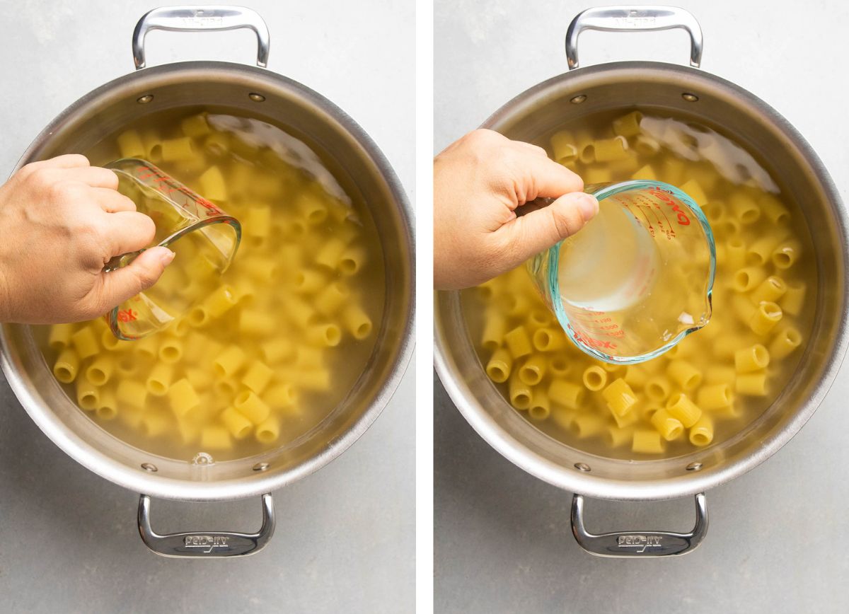 Reserving pasta water.