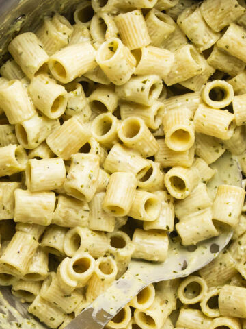 Creamy pesto pasta.