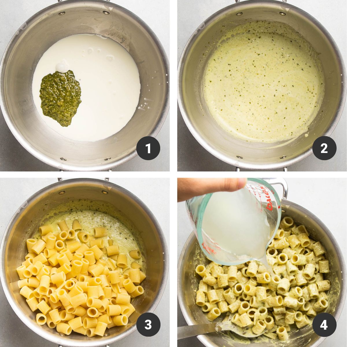 Whisking pesto cream sauce together and adding cooked pasta.