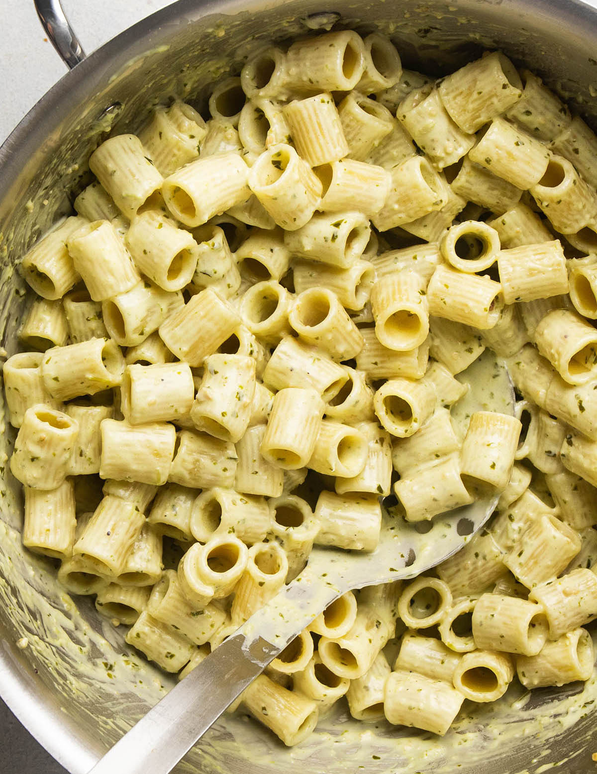 Pasta with pesto cream sauce.